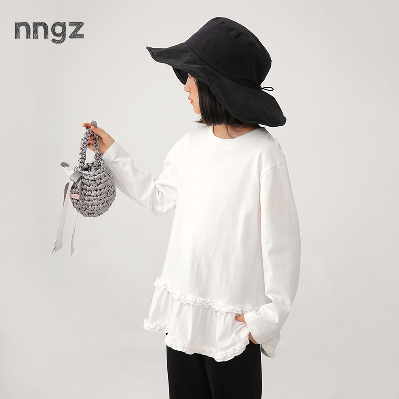 NNGZ设计师女童花边拼接t恤春季洋气百搭儿童打底衫童装宽松上衣