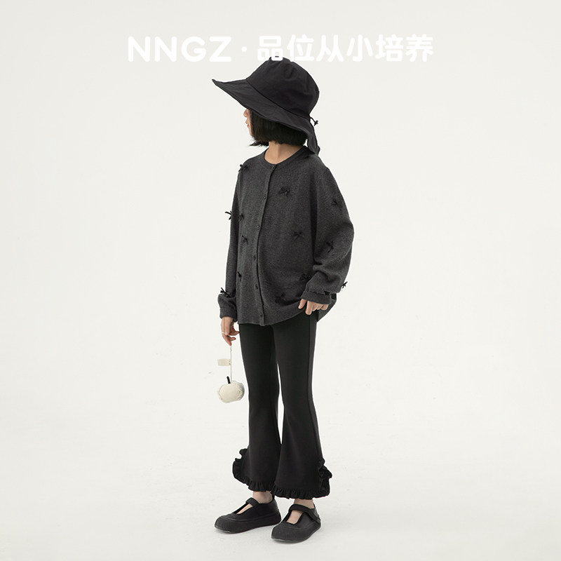 NNGZ设计师风蝴蝶结女童毛衣开衫儿童洋气针织衫童装格雷系上衣