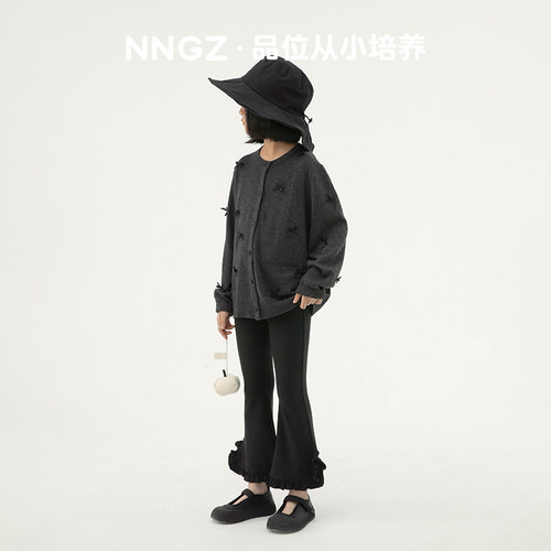 NNGZ设计师风蝴蝶结女童毛衣开衫儿童洋气针织衫童装格雷系上衣