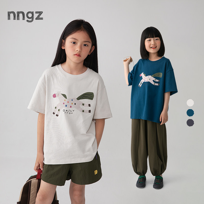 NNGZ手绘小马女童印花t恤纯棉夏季洋气儿童套头衫中大童百搭上衣