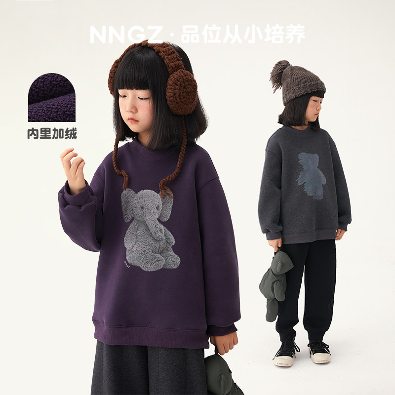 NNGZ设计师风玩偶印花女童卫衣儿童秋冬季加绒洋气上衣童装套头衫