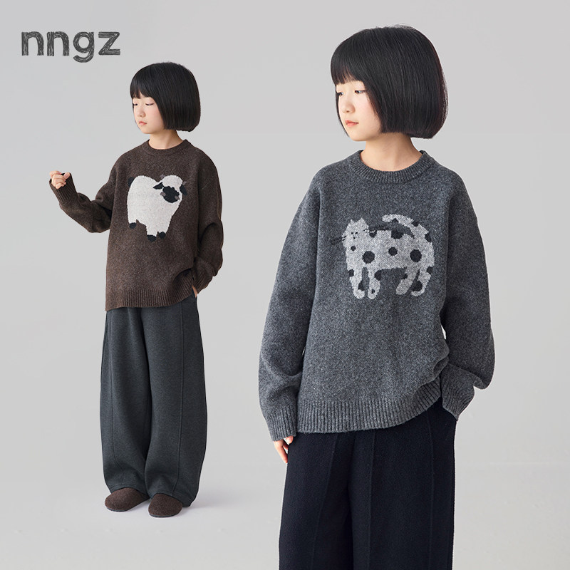 NNGZ设计师女童玩偶提花羊毛混纺毛衣26冬季新蓬松保暖儿童针织衫图片