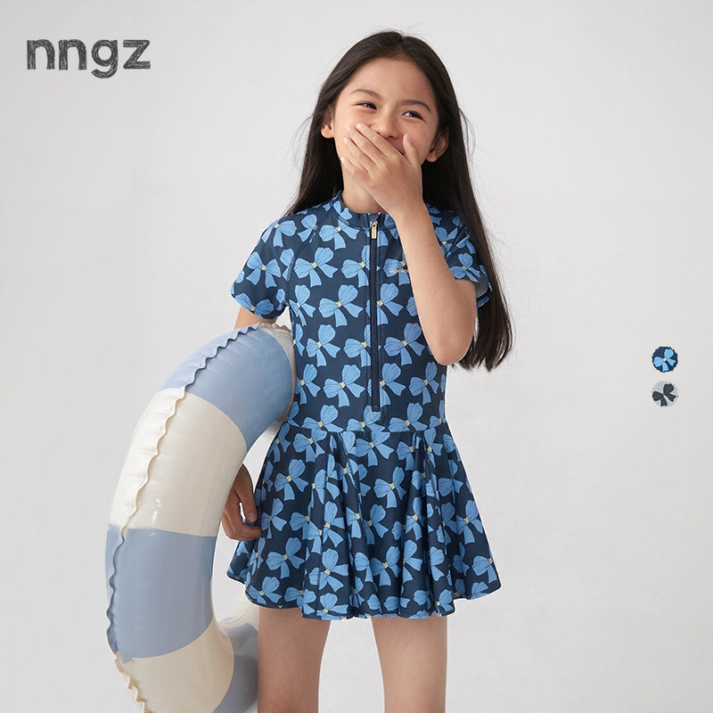 NNGZ设计师女童蝴蝶结满印连体泳衣26夏季新款儿童度假出游游泳