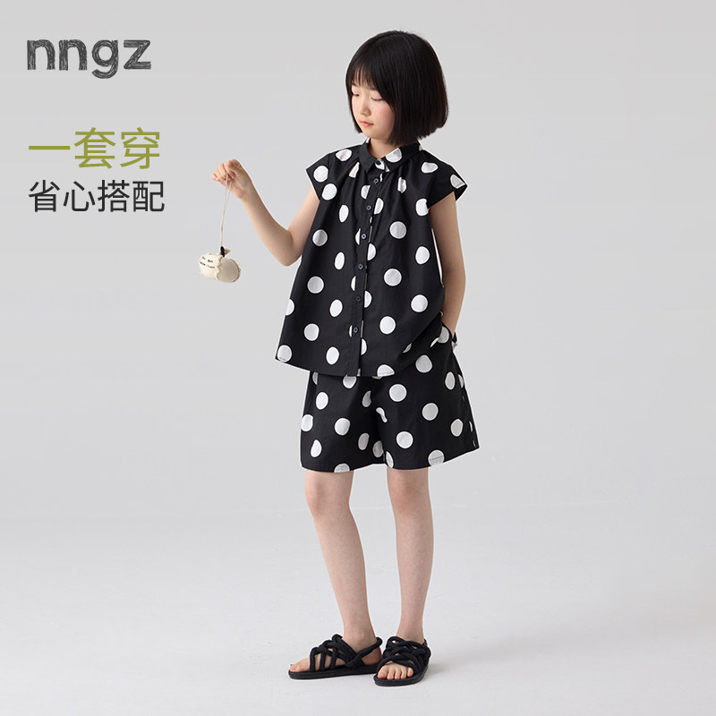 NNGZ26夏季新款女童波点短袖衬衫休闲短裤两件套清爽透气度假套