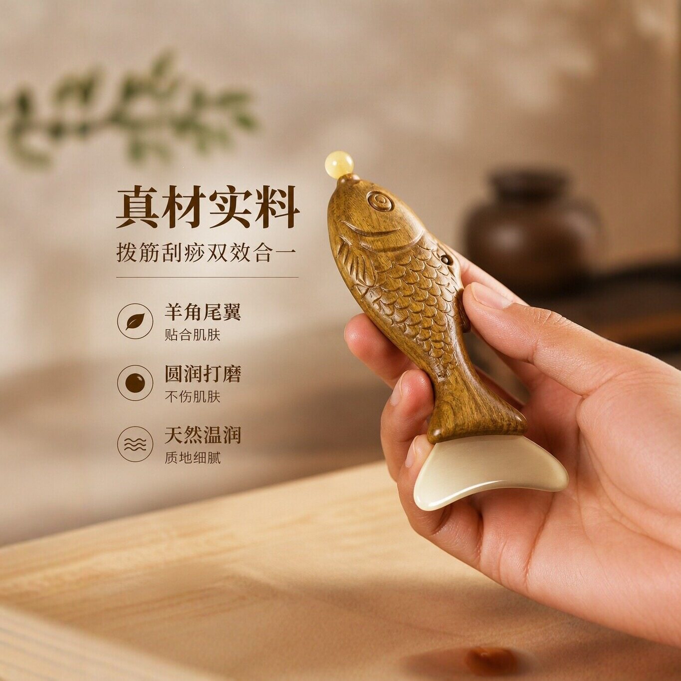 创意绿檀木羊角拨筋棒雕刻面部刮板痧眼部眼周两用小羊蹄养生工具