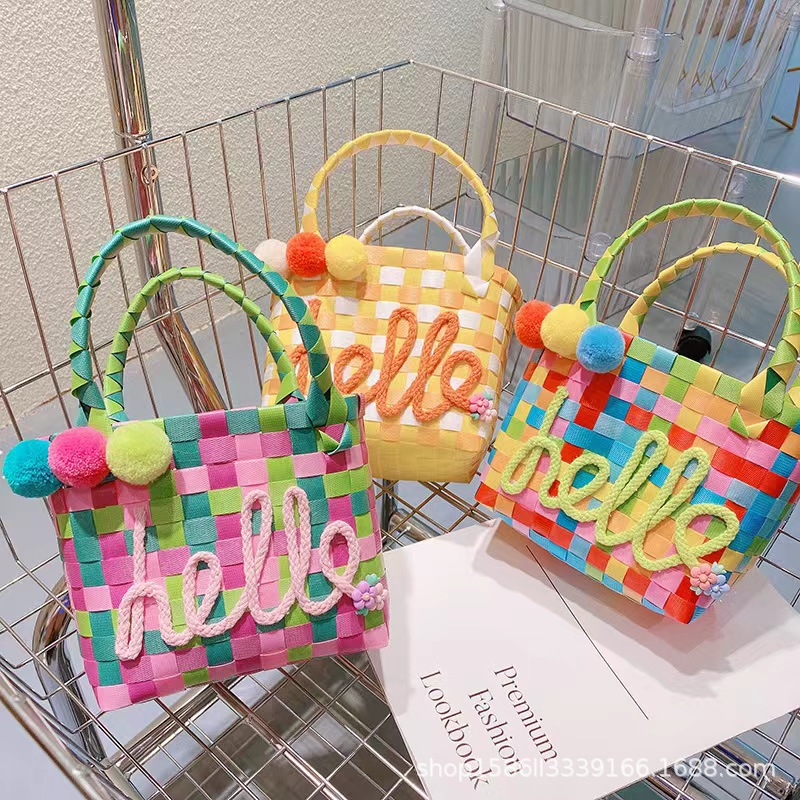 喜庆节彩色编织篮包开学季手提包
