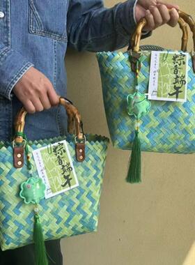 绿色拼接手提包通勤塑料编织包竹节把手度假沙滩包女生礼品端午