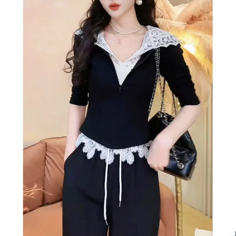 新款连帽2025春季卫衣黑色时尚气质运动套装女蕾丝修身两件套休闲