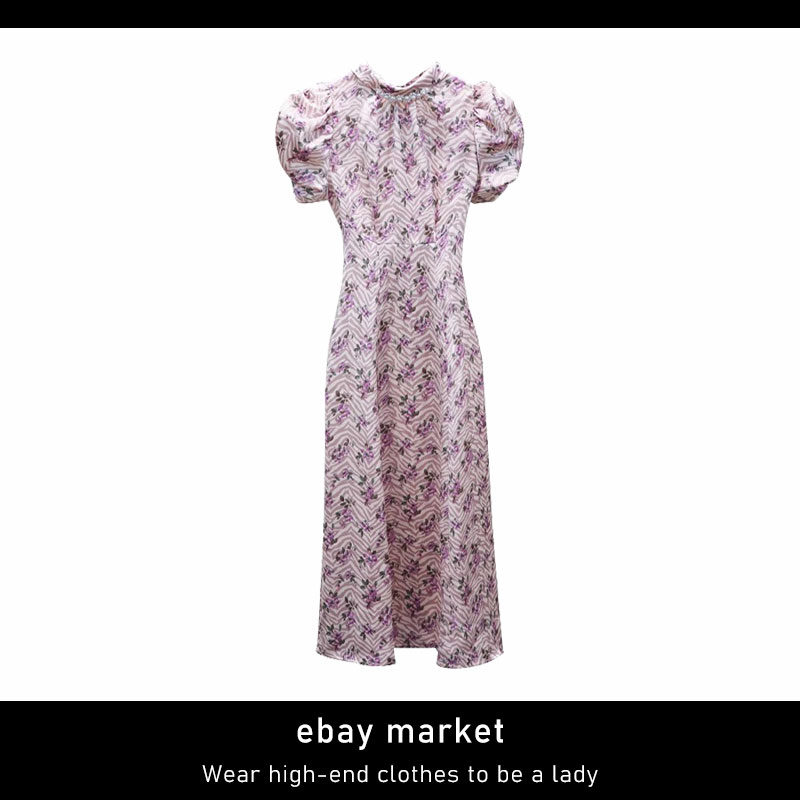 ebay法式富家千金气质名媛风洋气收腰圆领泡泡袖显瘦碎花印连衣裙