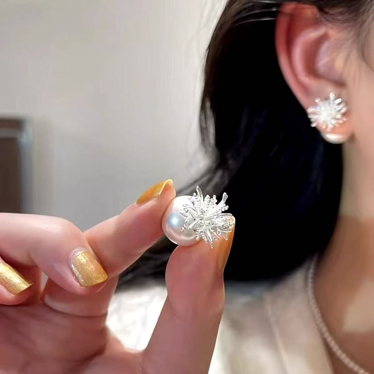 前后式银色烟花珍珠两戴耳钉