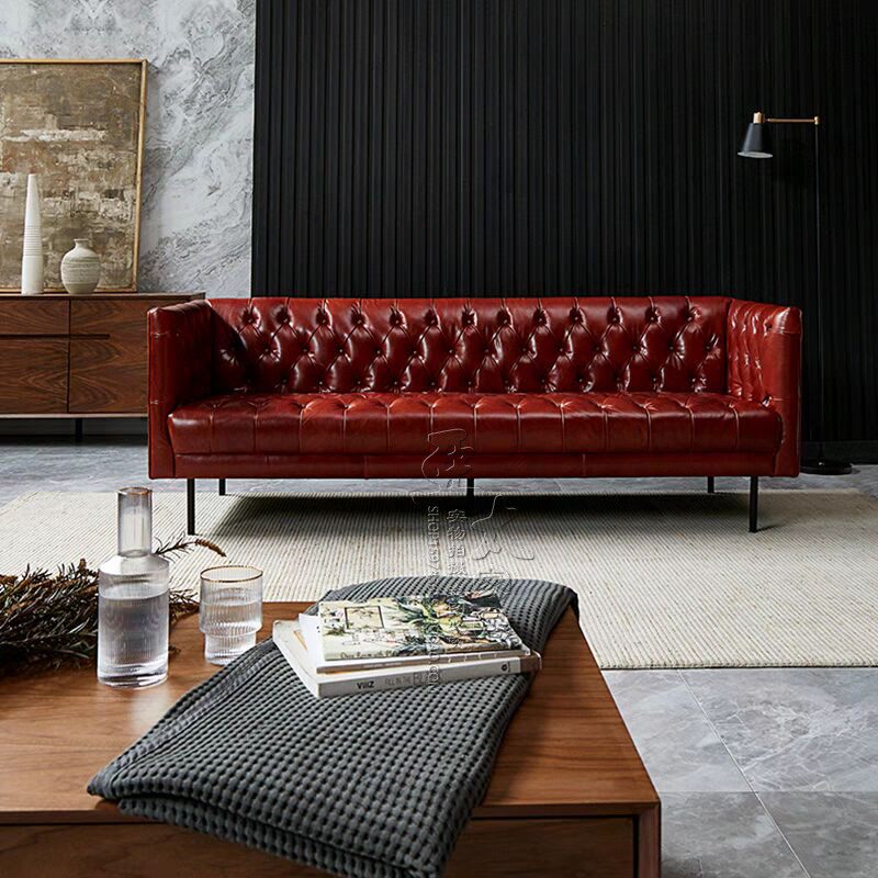 美式复古高端拉扣真皮沙发欧式轻奢油蜡皮酒红色直排多人位沙发