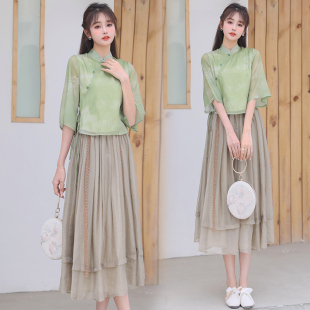 新中式旗袍复古改良汉服女禅意茶服文艺国风学生套装连衣裙日常夏