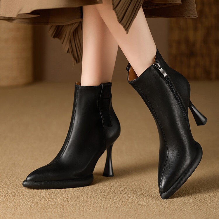 2025秋冬配裙子高跟鞋棕色高跟短靴瘦瘦靴气质小尖头裸靴女