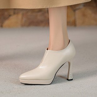 深口单鞋女2025秋冬新款百搭牛皮细跟鞋防水台高跟鞋女模特走秀鞋