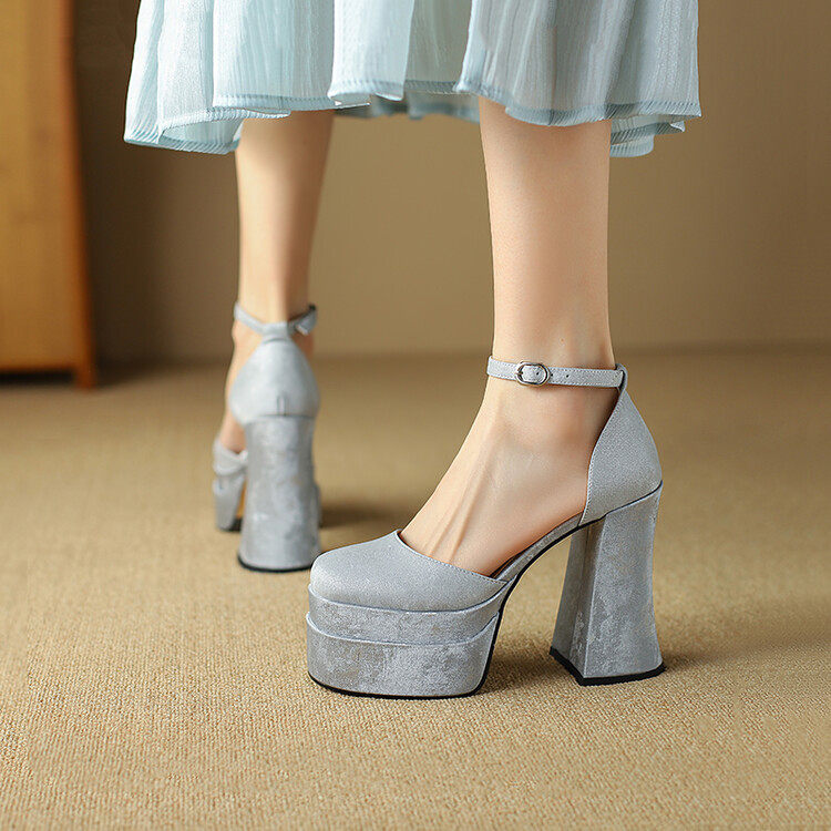 复古恨天高女鞋12cm粗跟银色防水台凉鞋女夏季厚底超高跟鞋米白色