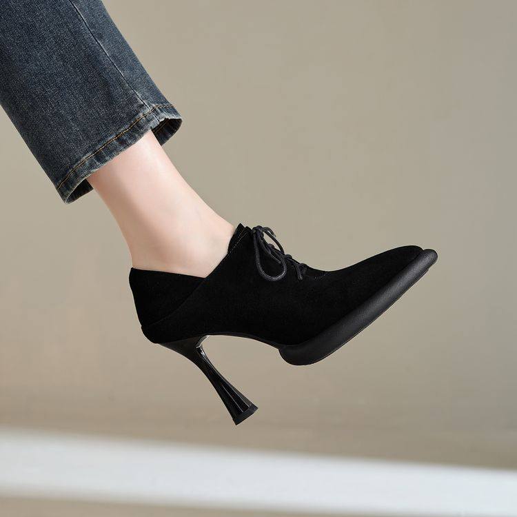 2025秋冬新款气质尖头系带高跟鞋女粗跟深口防水台厚底单鞋,女鞋,深口单鞋,淘宝优惠券,粉丝福利购,淘宝优惠卷