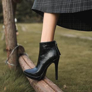 2026欧美风冬季小个子防水台超高跟鞋女真皮细跟尖头短靴