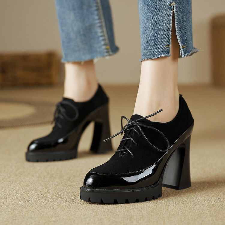 2026新款百搭系带防水台高跟鞋不累脚复古尖头粗跟深口单鞋女