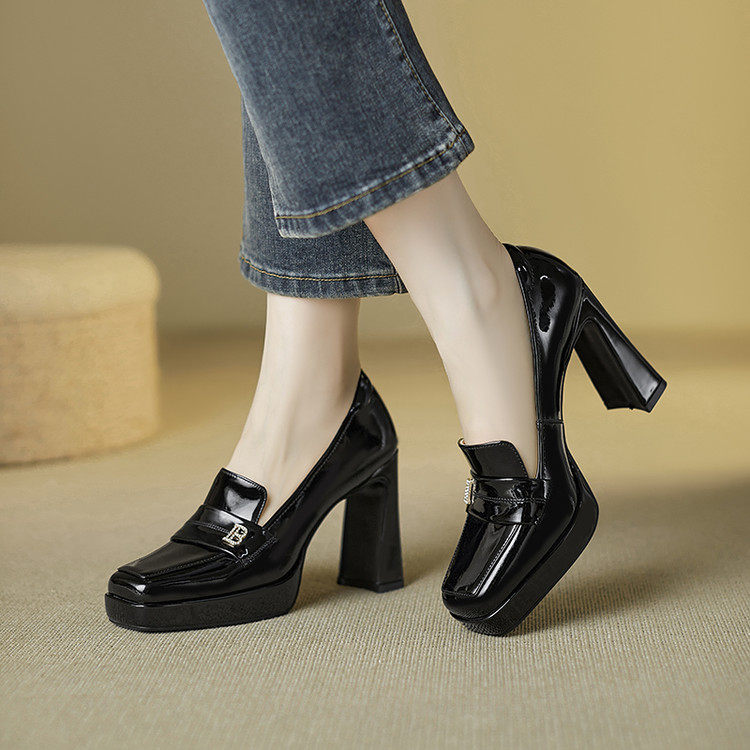 2026春秋新款粗跟深口单鞋法式防水台真皮夏季工作鞋高跟鞋女