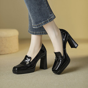 2025春秋新款粗跟深口单鞋法式防水台真皮夏季工作鞋高跟鞋女