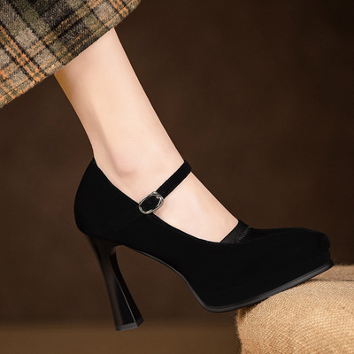 黑色一字带浅口尖头防水台高跟鞋女2025春秋季新款软皮细跟单鞋