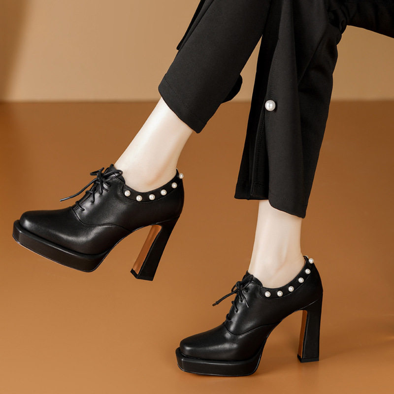 头层牛皮绑带深口单鞋女复古珍珠厚底高跟鞋时装走秀小皮鞋,女鞋,深口单鞋,淘宝优惠券,粉丝福利购,淘宝优惠卷