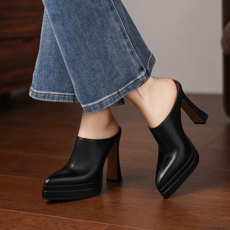 2026尖头超高跟鞋粗跟防水台小皮鞋增高及踝靴通勤工作鞋单鞋