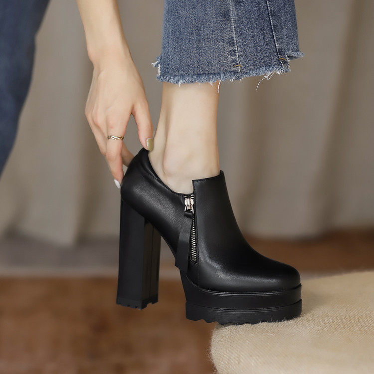 2026新款粗跟系带皮鞋女防水台厚底不累脚深口单鞋超高跟鞋女