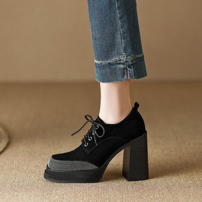 复古绑带粗跟深口单鞋女高跟鞋2025新款女鞋欧美时装皮鞋,女鞋,深口单鞋,淘宝优惠券,粉丝福利购,淘宝优惠卷