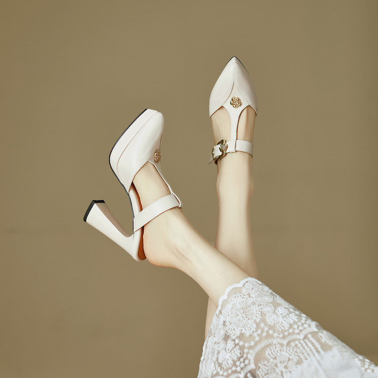 时尚气质粗跟防水台不累脚真皮高跟包头半拖鞋女士外穿凉拖鞋