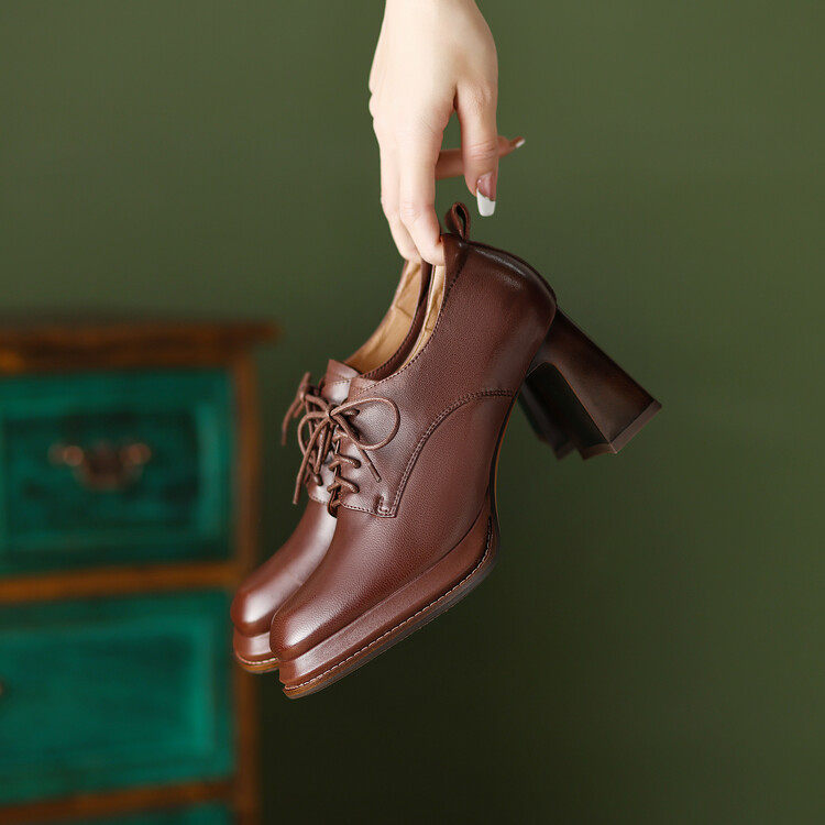 2026新款女士深口方头系带单鞋不累脚复古防水台高跟鞋女粗跟