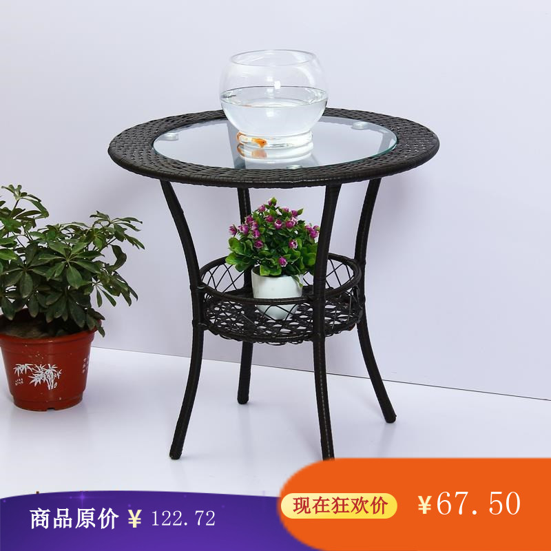 特价简约现代阳台储物小圆桌藤编玻璃茶几圆形庭院小茶几休闲桌子