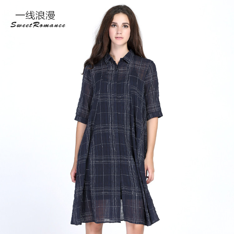 新款潮流格子百搭长袖连衣裙女士衬衫裙 S16-BW0202C图片