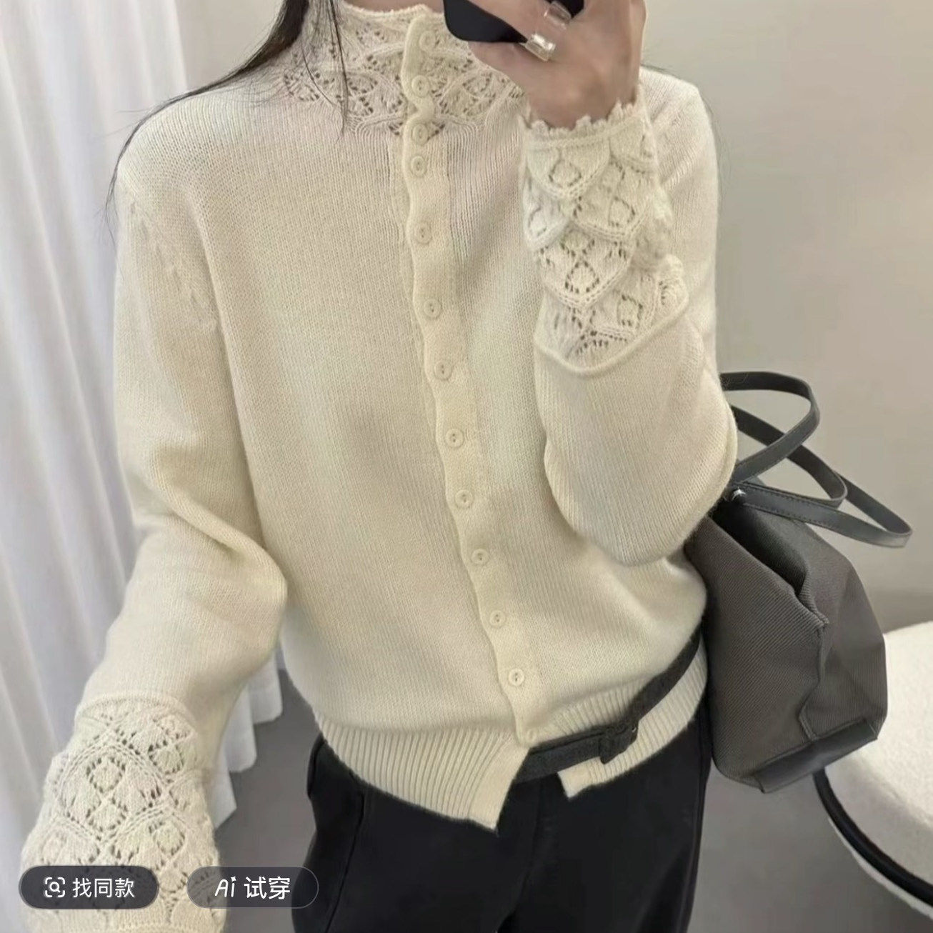 韩式休闲风高领蕾丝拼接针织开衫毛针织衫