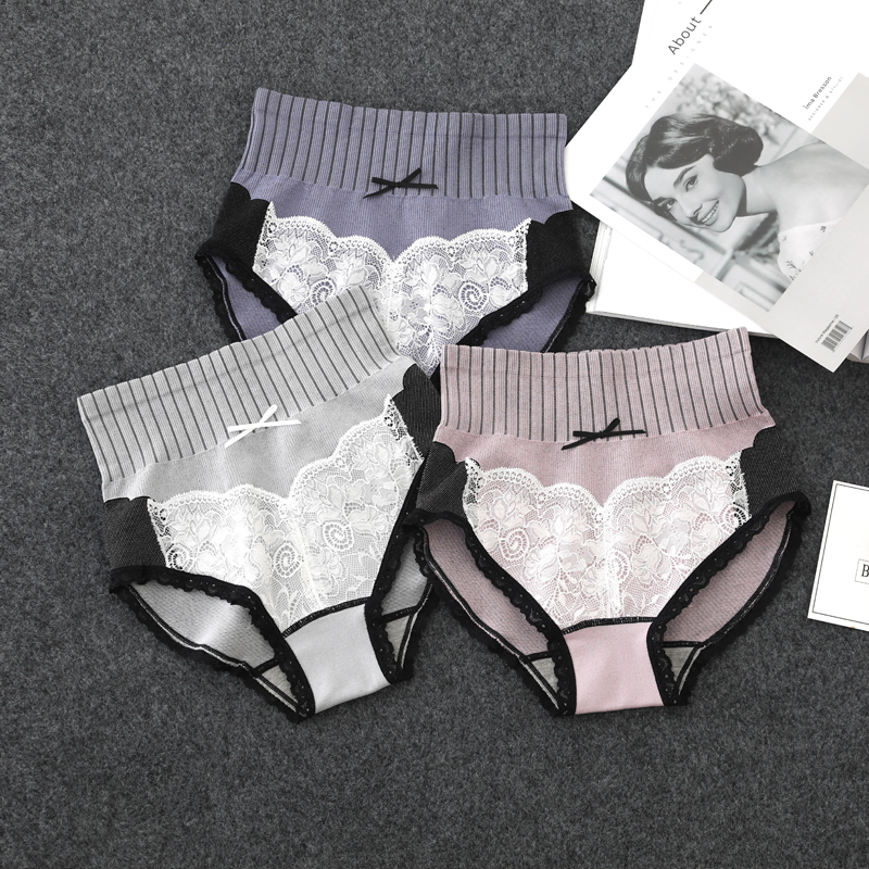 2条PAPOSHOP高腰收腹蕾丝边内裤