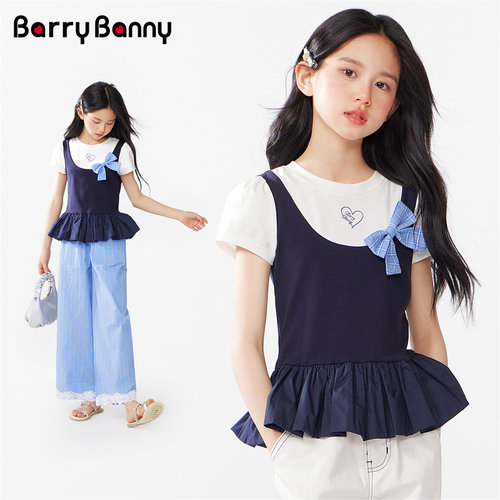 BarryBanny女童学院风假两件短袖