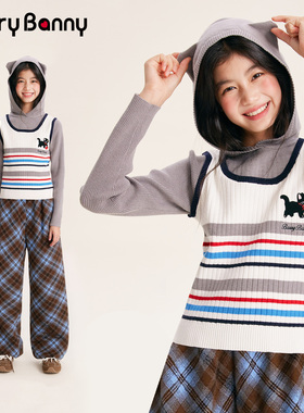 BarryBanny女童假两件条纹针织衫2026新款春季中大童洋气连帽上衣