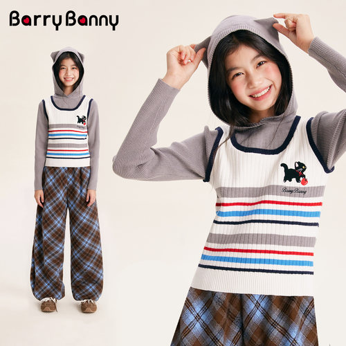 BarryBanny女童假两件条纹针织衫