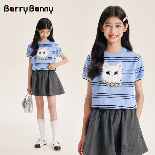 BarryBanny女童卡通猫短袖针织衫
