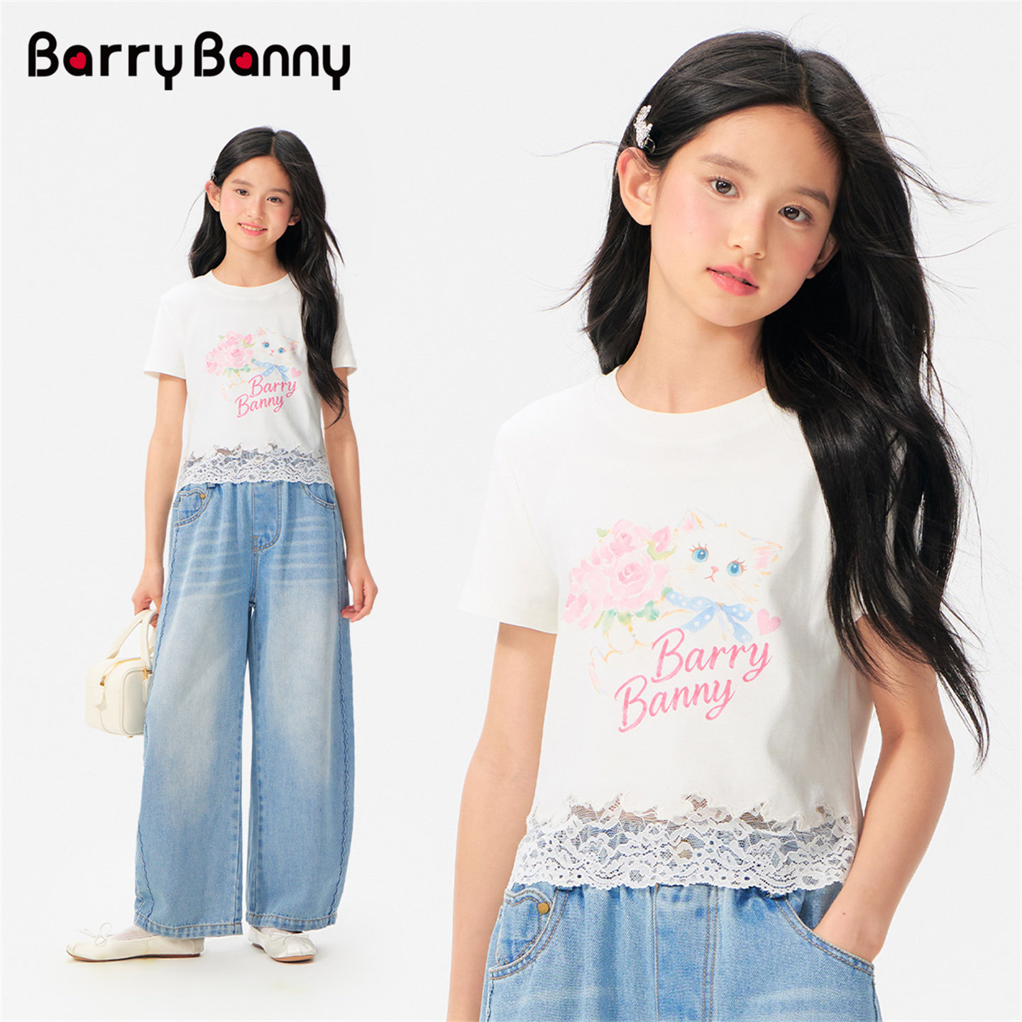 BarryBanny女童花卉猫咪短袖T恤2026夏季新款中大童亲肤透气上衣