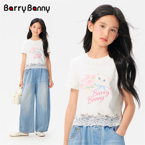 BarryBanny女童花卉猫咪短袖T恤