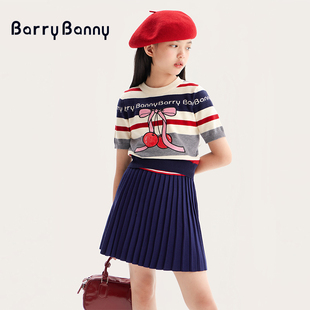 BarryBanny儿童樱桃短袖 上衣女 针织衫 女童英伦风复古条纹圆领夏季