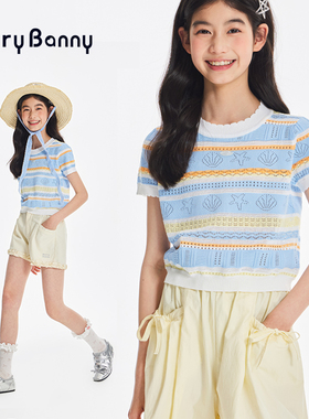 BarryBanny女童海洋短袖2026夏季新款儿童条纹度假风上衣圆领T恤