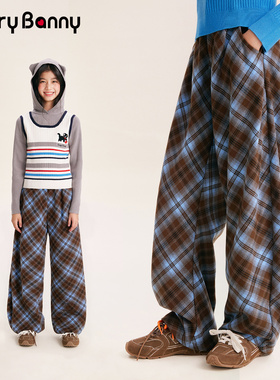 BarryBanny女童阔腿裤2026新款春季弯刀裤中大童格纹休闲加厚裤子