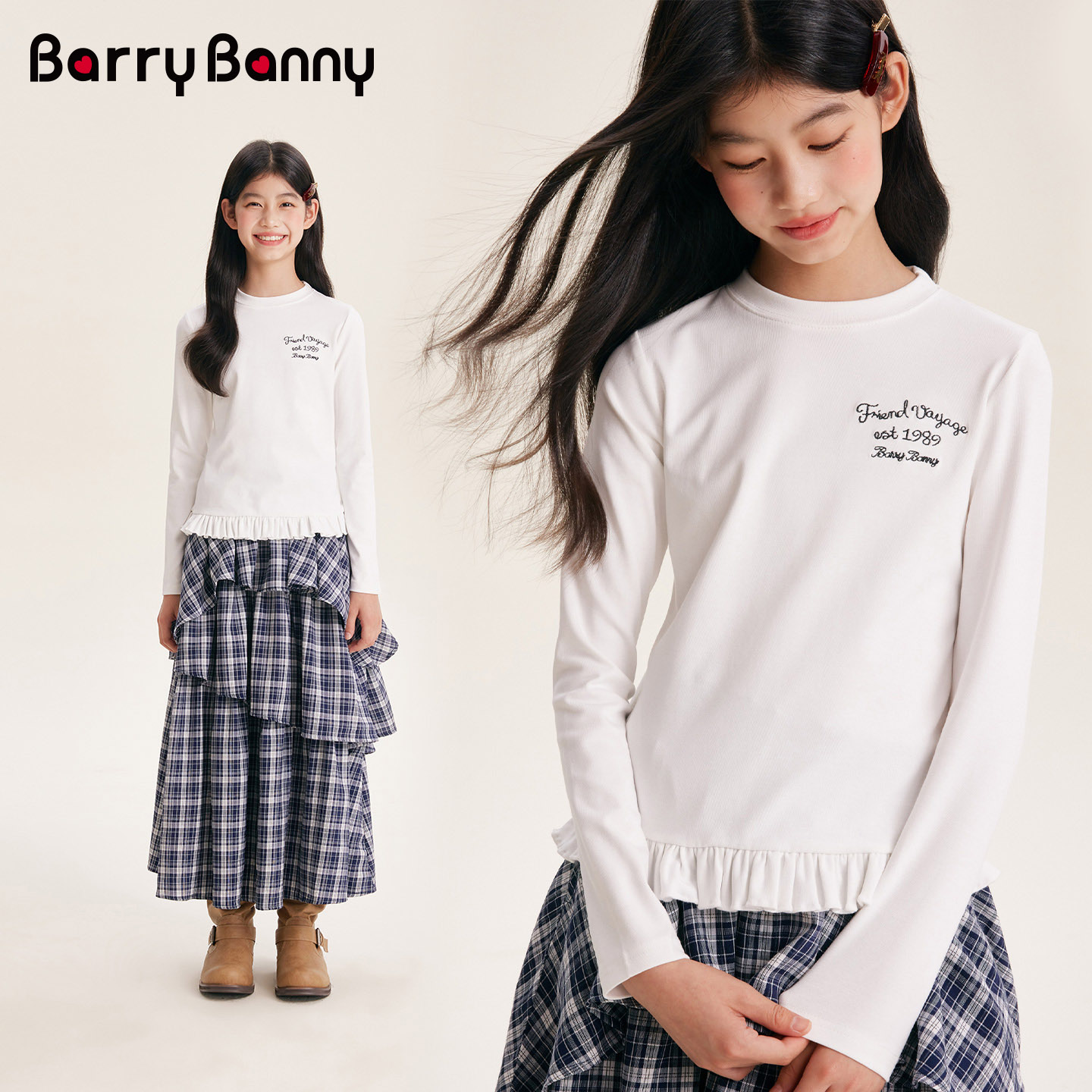 BarryBanny女童长袖T恤白色上衣