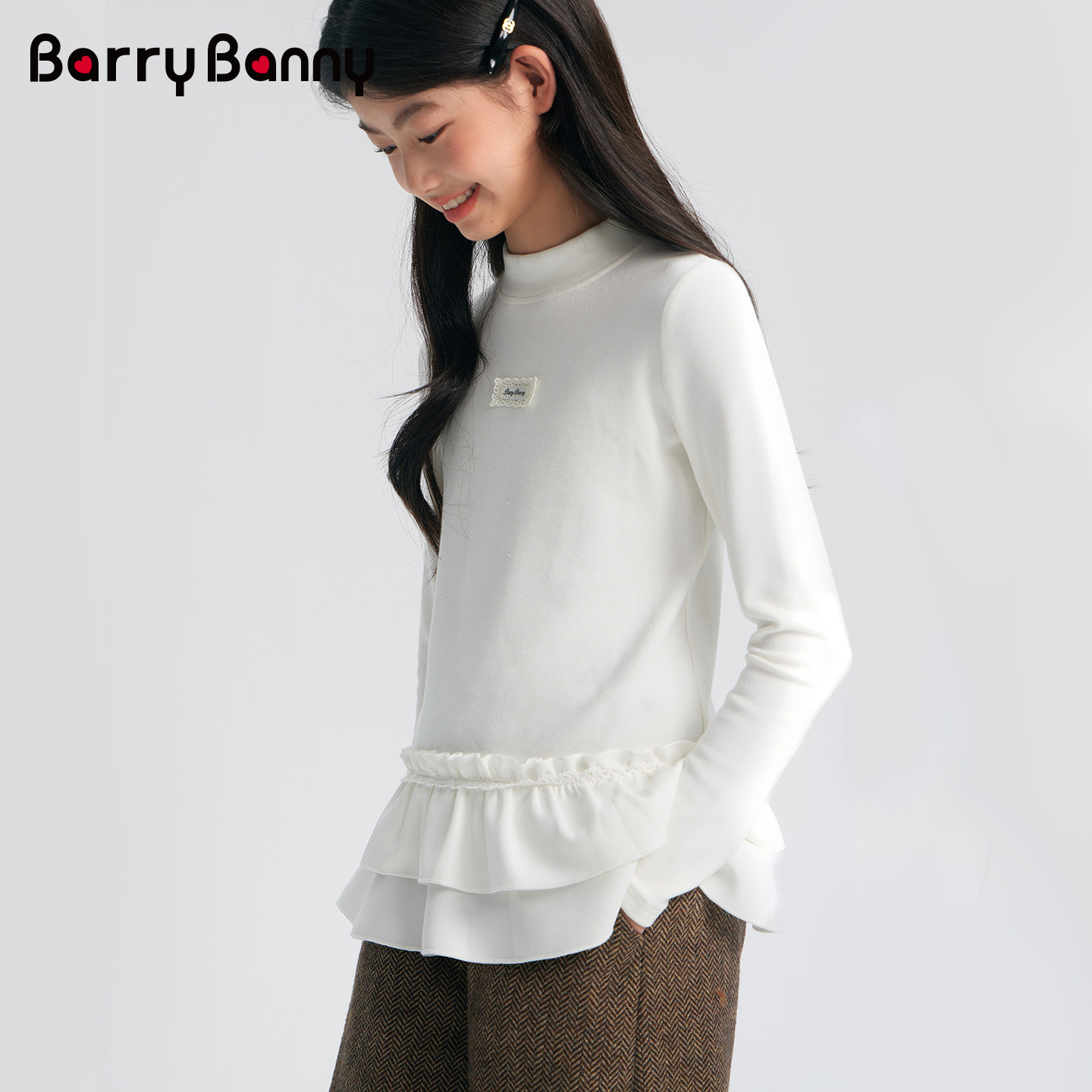 BarryBanny女童花边打底衫2025新款秋冬儿童保暖上衣内搭长袖T恤