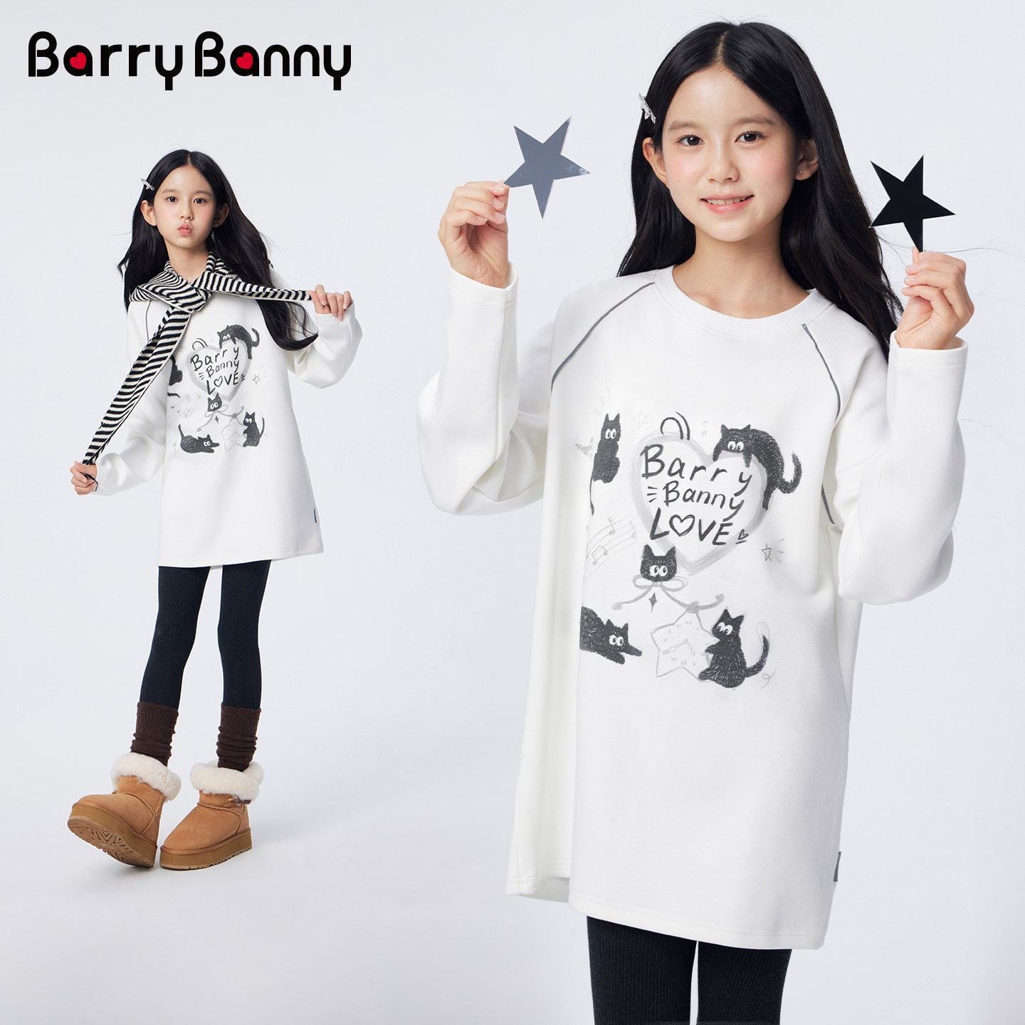 BarryBanny女童猫咪印花长袖T恤秋冬季中长款打底衫儿童宽松上衣