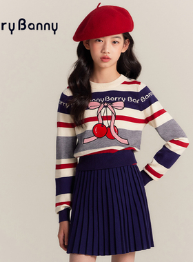 BarryBanny女童针织衫长袖樱桃春季新款圆领复古条纹百搭打底上衣