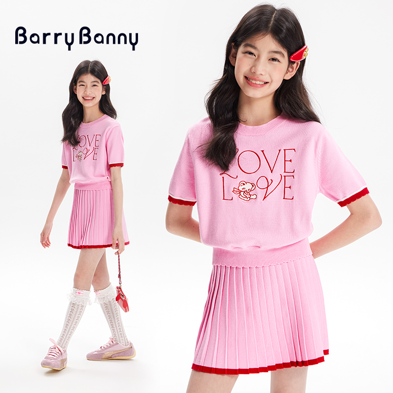 BarryBanny女童短袖T恤时髦套装2025夏季新款学院风儿童A字百褶裙