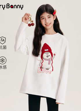 BarryBanny女童企鹅长袖T恤2026春季新款中大童抑菌凉感白色上衣